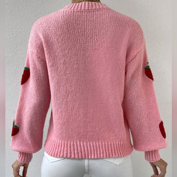 New Girly Chic Strawberry Embroidered Knit Sweater Top Pink Red - Picture 4 of 8